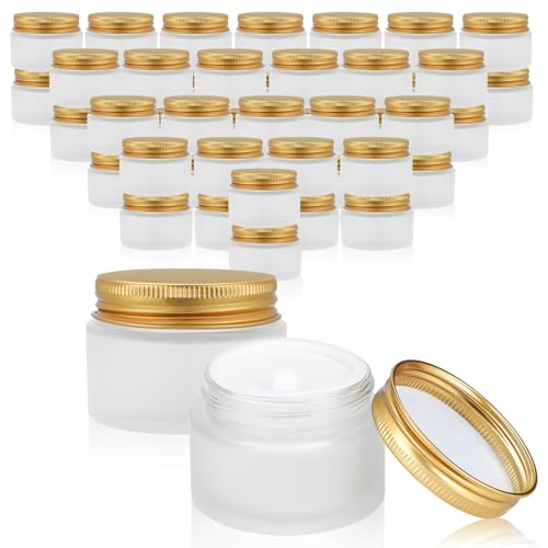 48 pack 10ml Frosted Glass Jars with Gold Lids Small Empty Travel Lotion Containers with Inner Liner Airtight Cosmetic Holder with Labels for Lip Balm Creams Body Butter