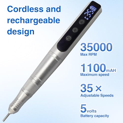 Cordless Nail Drill Set, Rechargeable & Adjustable Speeds Nail Drill Machine, Portable Nail File for Acrylic Gel Dip Powder Nails, Manicure Pedicure Tools Polishing Set for Beginner Silver