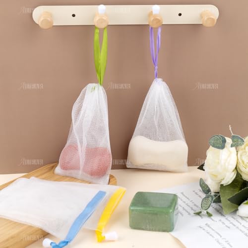 AUEAR, 20 Pack Handmade Soap Exfoliating Mesh Pouch Saver Bag Double Layer Bubble Foam Net Drawstring Holder (Assorted Colors)