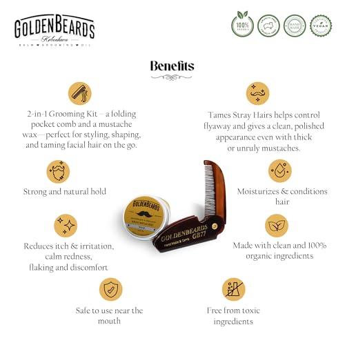Golden Beards Mustache Wax with GB-77 Folding Comb ? Organic & Natural Styling Wax for Men ? Strong Hold, Vegan, Cruelty-Free Grooming Kit
