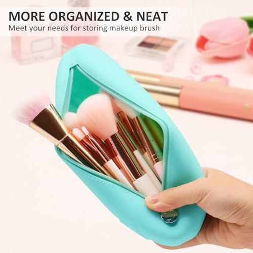 Travel Makeup Brush Holder, Silicone makeup brush bag with Zipper, Portable Makeup Brush Pouch Cosmetic Bag, Large Makeup Brush Travel Case for Daily Work or Gift