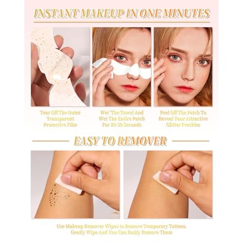 Glitter Freckles Face Tattoo Patches - 12PCS Temporary Sparkle Face Stickers with 10 Remover Wipes | Waterproof Festival Rave Party Makeup Accessories for Women Girls (Silver)