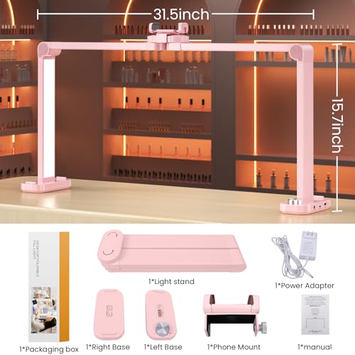 Nail Light for Desk,34 Inch 48W Half Moon Light-Adjustable 3000K-6000K Color Temp, 0-100% Brightness,Nails lamp with Phone Stand,for Nails Art,Tattoo,Eyebrow,Beauty,Reading,Salon