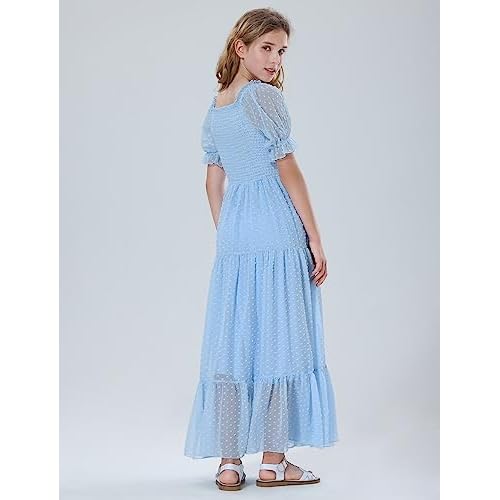 Mebius Girls Maxi Dress Long Smocked Dresses Swiss Dots Square Neck Short Sleeve Casual A-line Flowy for 6-12 Years