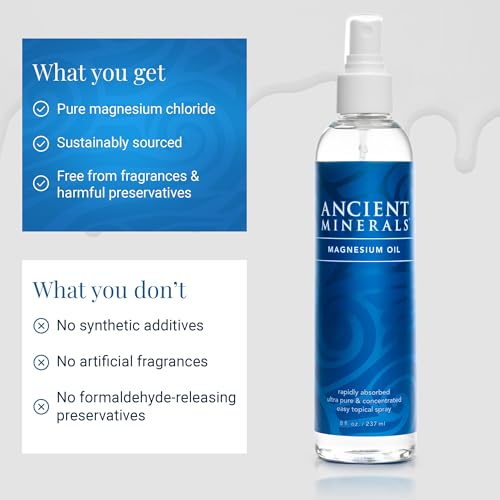 Ancient Minerals Magnesium Oil Spray Bottle of Pure Genuine Zechstein Magnesium Chloride - Topical Magnesium for Skin Application (4fl oz)