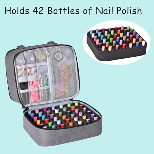 Nail Polish Organizer Case Hold 42 Bottles (15 ml) and Nail Lamp, Nail Organizers and Storage for Nail Supplies, Double Layer Nail Bag Organizer Case with Handle (Grey)