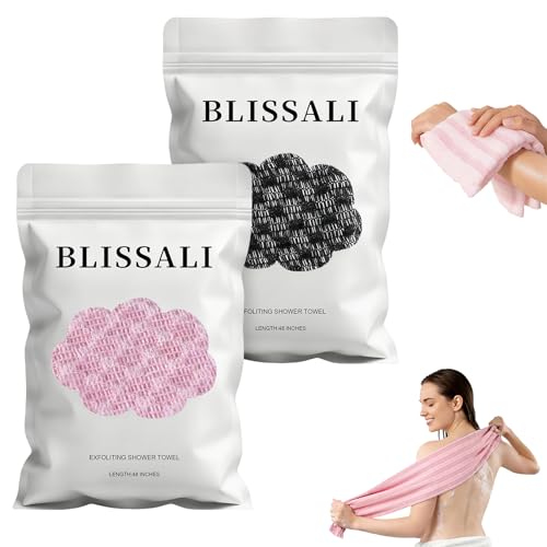Blissal 2-in-1 Exfoliating Shower Towel,47" Advanced Exfoliating Microfiber Towel, Premium Scrub Wash Cloth for Body Face,Travel Friendly, Quick Drying Travel Bath Washcloth (Black+Pink)