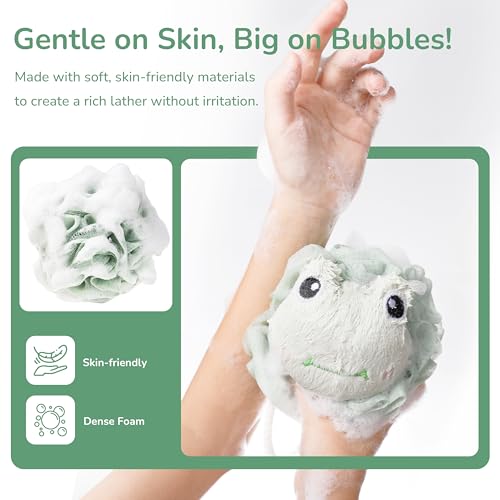 4 Pcs Kids Shower Loofah Set - Cute Animal Body Scrubber Sponges, Gentle Exfoliating Pouf for Boys and Girls Bath Time, Soft Bath Sponges for Children (Assorted Animals)