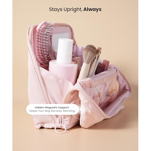 APT 1101 Standing Makeup Bag, Travel Makeup Organizer with Magnetic Fold-Down Design, Portable makeup Case with Compartments for Brushes & Tools (Light Pink)
