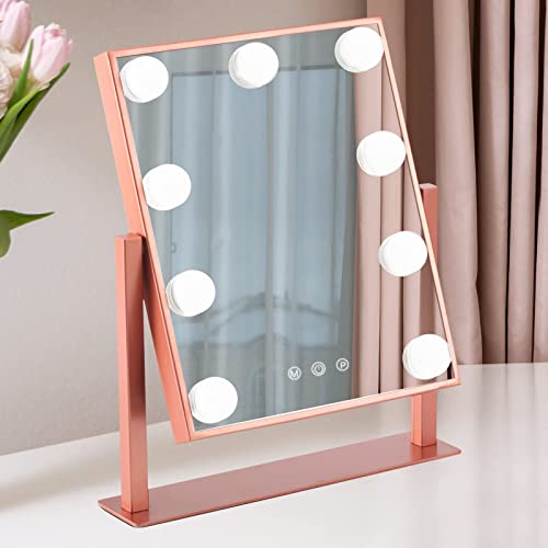 Makeup Mirror with Lights, Hollywood Mirror Lighted Vanity Mirror with 9 LED Bulbs, Touch Control Design 3 Colors Dimmable Bulbs Detachable 10X Magnification 360¡ÆRotation(Rose Pink)