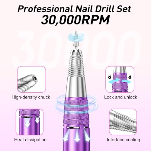 JIASHENG Professional Nail Drill, 30000rpm Electric Nail Drill Machine, Electric Nail File Drills for Acrylic Nails Kit Gel Nails Manicure Pedicure Tools, Purple