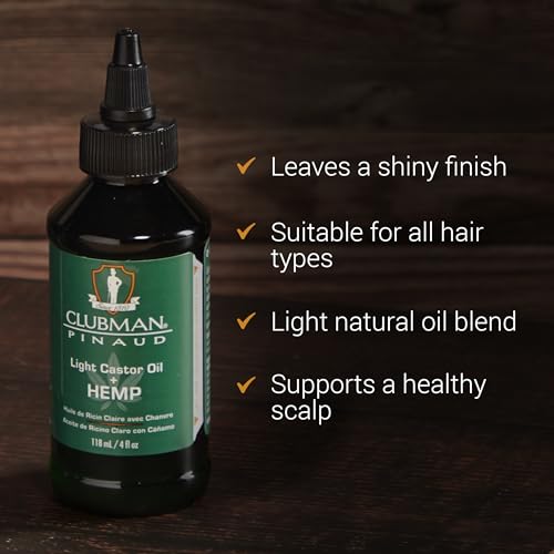 Clubman Pinaud Light Castor Oil + Hemp, Boosts Thickness, Quench Dryness, Promotes Stronger and Shinier Hair, 4 Fl Oz