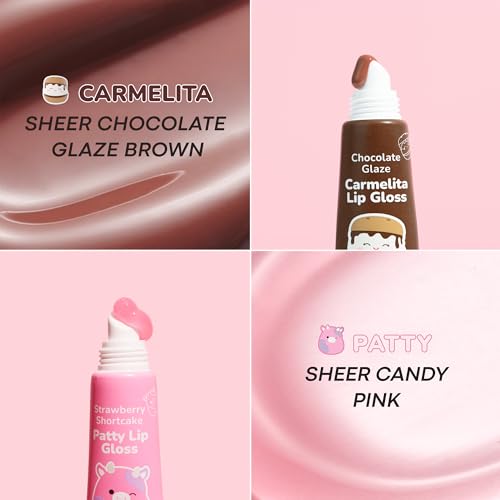 TONYMOLY x Squishmallows Lip Gloss Gift Set ? 2pc Patty¡¯s Strawberry Shortcake & Carmelita¡¯s Chocolate Glaze Keychain Duo, Hydrating Gloss, Holiday Limited Edition