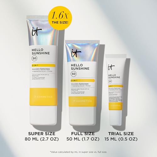 IT Cosmetics Hello Sunshine Invisible Sunscreen for Face SPF 50 - Sunscreen, Hydrating Serum & Makeup Primer - 1% Pro-Vitamin B5 & Hyaluronic Acid - HSA/FSA Eligible - No White Cast
