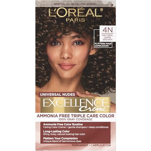 L¡¯Oreal Paris Excellence Universal Nudes Permanent Hair Color, Ammonia Free Hair Dye for Gray Hair Coverage, 4N Natural Dark Brown, 1 Hair Dye Kit