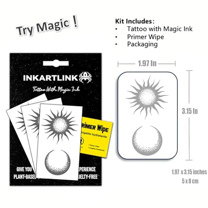 INKARTLINK Semi Permanent Tattoos, 3 Small-sized Temporary Tattoo Stickers for Valentine's Day, Perfect for Couples, Party Favors, Waterproof, Realistic, No Adhesive, Lasts 1-2 Weeks (Sun and Moon)