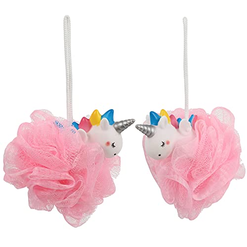 Uonlytech Unicorn Bath Loofah Sponge Mesh Pouf Unicorn Shaped Scrubber Baby Bathtub Shower Loofah Sponge Bath Mesh Balls for Girls Adults