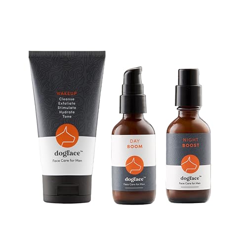 Dogface Men's - Wakeup Gel Daily Face Wash to Exfoliate, Hydrate & Tone Skin, Day Boom Moisturizer, Night Boost Night Cream Retinol Serum, Eye Cream (Deluxe Combo)