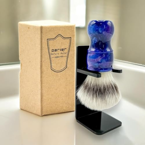 Parker ¡°Blue Storm¡± Deluxe Synthetic Shaving Brush & Stand ? 24?mm Knot, Iridescent Resin Handle, Ergonomic 122?mm Length, Handmade with a High Bristle Density for Rich Lather
