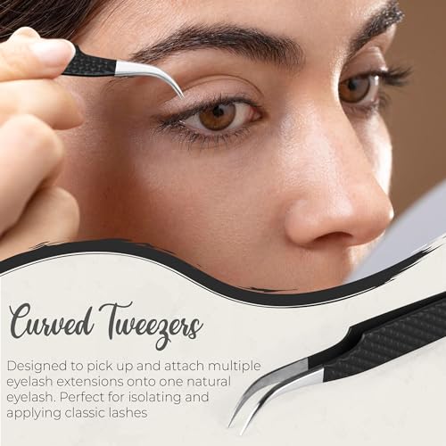 SV Lash Tweezers | Lash Extension Tweezers Set | 5Pcs Stainless Steel Eyelash Extension Tweezers Set | Volume/Isolation Nail Art Curved Tweezers (Black 3 Pcs)