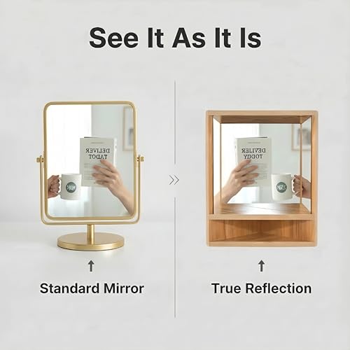 Non-Reversing Mirror with Wood Frame - Shows True Unflipped Image, Standing Tabletop Inverted Mirror for Living Room, Bedroom, Home Decor