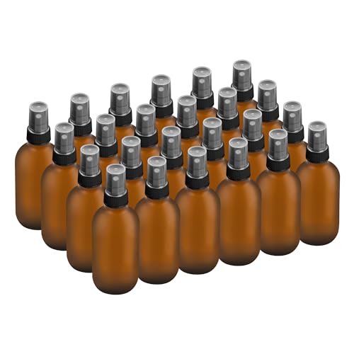 BILLIONSTARS 24 Pack 2oz Glass Boston Round Bottle with Fine Mist Sprayer - Amber Frosted - Essential Oils, Bath, Beauty, Hair & Cleaning - Leakproof Travel Bottles