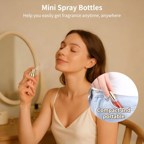 Lnrueg 50 Pcs 5 ml Perfume Bottles - Small Refillable Glass Perfume Bottles, Portable Travel Sample Containers with Caps, Fine Mist Atomizers with 2 Funnels and 2 Dispensers, Gold