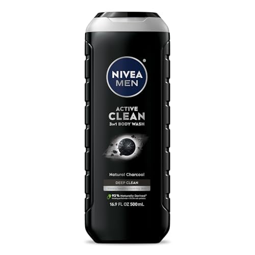 NIVEA MEN Active Clean Body Wash with Natural Charcoal for Normal to Oily Skin, 3-in-1 Charcoal Body Wash, Face and Hair, Draws Out Dirt and Impurities, 16.9 Fl Oz Bottle