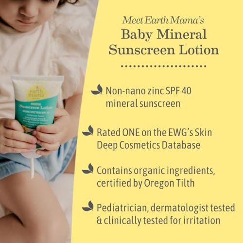 Earth Mama Baby Mineral Sunscreen Lotion SPF 40 | Non-Nano Zinc, Natural Water Resistant Sun Cream for Babies, Kids & Adults, 3-Ounce