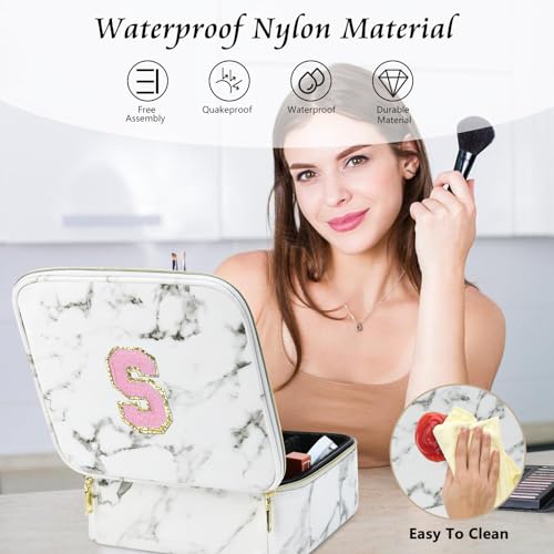 Initials Travel Makeup Train Case Birthday Mothers Day Gifts for Women, Personalized Makeup Box Organizer with Adjustable Dividers for Make up Brushes Toiletry Jewelry Digital Accessories, Marble, C.