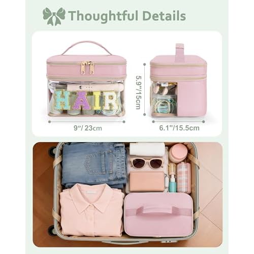 Fasrom Double Layer Hair Accessories Organizer, Preppy Patch Makeup Bag with HAIR Chenille Letter, Portable Travel Cosmetic Pouch Clear Toiletry Case for Women Girl, Pink(Bag Only, Patent Design)