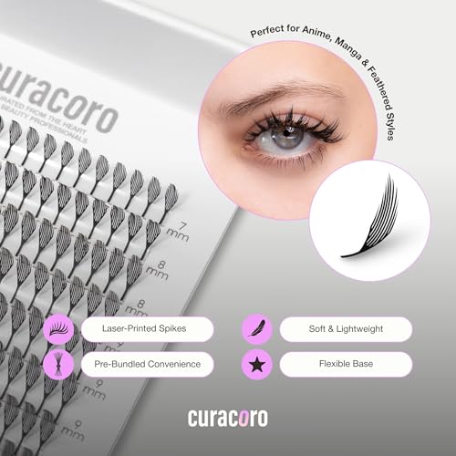 Curacoro Anime Feather Spike Lash Extensions ? 360 Fans Lightweight and Defined Laser-Printed Premade Lash Spikes, Anime Lashes CC Curl 9?16mm for Professionals