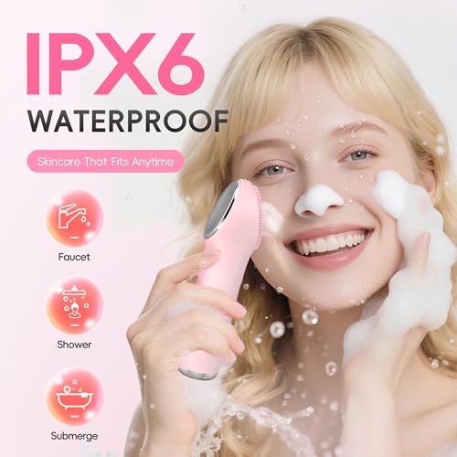 Facial Cleansing Brush, 2 in 1 Rechargeable Silicone Face Scrubber with Heat Massage Head, Electric Vibrating Exfoliating and Massaging, Waterproof Face Cleanser for Women and Men (Pink)