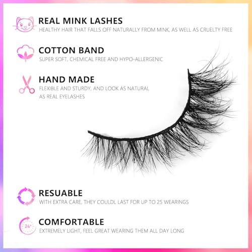 Barbiely 14MM 3 Pairs Mink Lashes, 100% Real Siberian Mink Fur Lashes, Natural Cat-Eyes Look, Totally Cruelty-Free, Reusable & Handmade, Non-Irritating Luxury Volume Strip Fake Eyelashes
