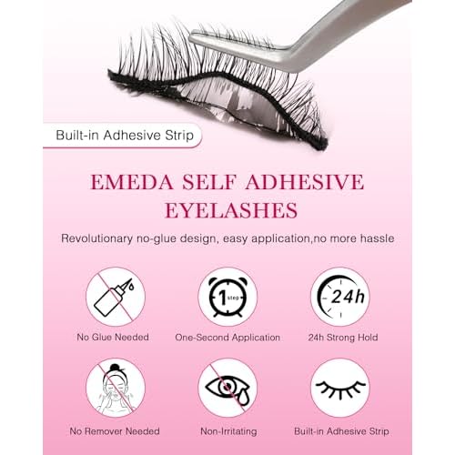 EMEDA Self Adhesive Eyelashes Preglued Glueless -Natural Look No Glue Eyelashes 14mm Natural Cat Eye Glueless No Glue Needed Reusable Stick on False Strip Lashes (879 with Tweezers)