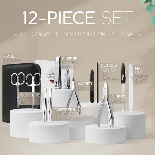 Manicure Set Women and Men ? 12-Piece Professional Grooming Kit with Premium Tools, Genuine Leather Case, and Exclusive Glass Nail File for Hand & Foot Care, German Quality