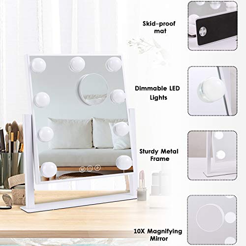 Lighted Makeup Mirror Hollywood Mirror Vanity Mirror with Lights, Touch Control Design 3 Colors Dimable LED Bulbs, Detachable 10X Magnification, 360¡ÆRotation, (White) 12" L x 14" W