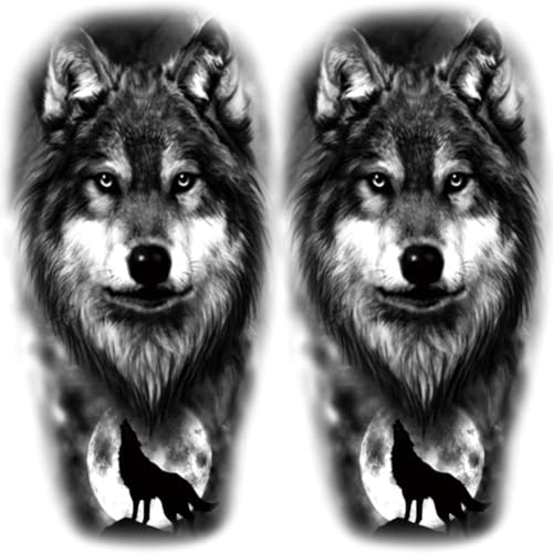 2 Sheets Realistic Animal Temporary Tattoos Stickers Moon Roar Wolf Designs For Men Waterproof Arm Leg Fake Body Art, Gym & Parties Bold Masculine Decals