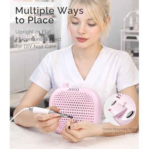 L'UGX Rechargeable Nail Dust Collector Profesional ? Compact Dust Collector Nail Tech with Strong Suction, 10-Speed Turbo Fan, LED Display Nail Dust Cleaner for Home & Salon Use -Pink