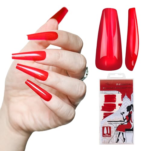 Allkem Press On Nails - Hot Red Glossy Extra Long Ballerina Multipack | 10 sizes - 100 pcs False Nails Full Cover Nail Kit with Glue