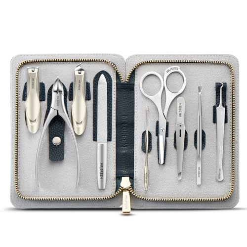 MR.GREEN Innate Luxury Manicure Set Surgical Grade Scissors Stainless nail clipper Kit full grain cow leather package Pedicure (9 in 1 Manicure Set)