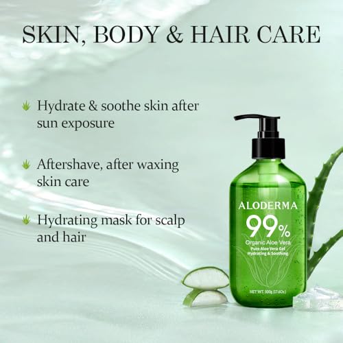 Aloderma 99% Organic Pure Aloe Vera Gel Made within 12 Hours of Harvest, 17.6oz Value Pump, Lightweight Non-Sticky Aloe Vera Gel for Sunburn Relief, Natural, Soothing Aloe Vera for Face & Hair