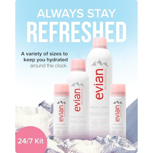Evian Facial Spray 24/7 Kit - Hydrating Mineral Water Mist for Face & Skin - Refreshes Makeup, Sets, & Tones - Travel-Friendly Sizes for Daily Moisture Boost