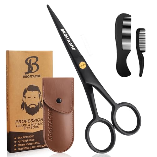 5¡± Professional Beard and Mustache Scissors, German Steel Beard Scissors Come with Mustache Comb, Beard Comb and Carrying Pouch. Grooming Scissor for All Facial Hair Scissors (Black)