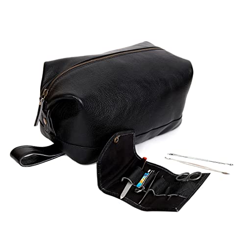 cuero Leather Brown Dopp Kit Unisex Travel Toiletry Cosmetic Pouch Shaving Kit Men Women (black)