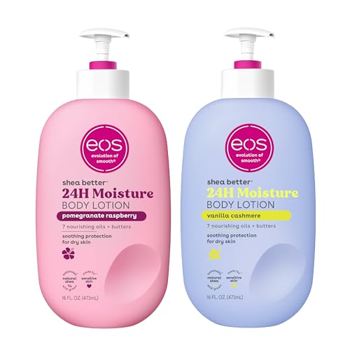 Bundle of eos Shea Better Body Lotion- Vanilla Cashmere + Pomegranate Raspberry, 24-Hour Moisture Skin Care, Lightweight & Non-Greasy, Made with Natural Shea, Vegan, 16 fl oz