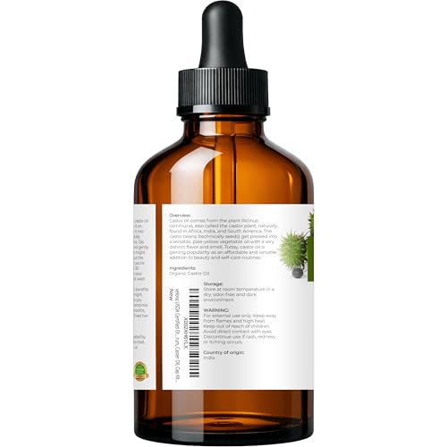 velona USDA Certified Organic Castor Oil - 4 fl oz (With Dropper) | For Hair, Boost Eyelashes, Eyebrows | Cold pressed, Natural Oil USP Grade | Hexane Free