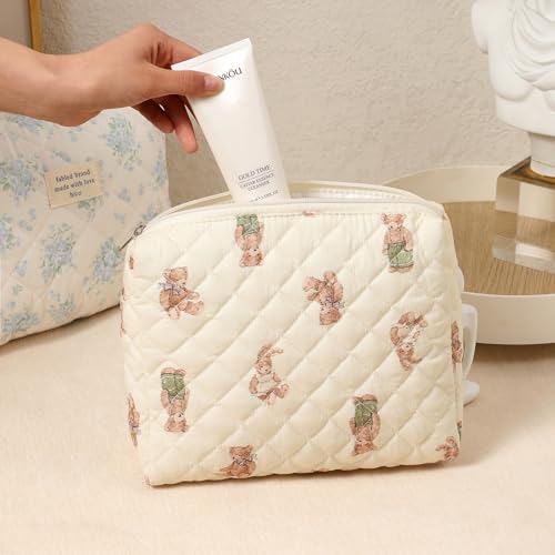 uekeboag 2 pcs Large Floral Quilted Makeup Bag Set for Women, Cotton Quilted Big Cosmetic Bag, Coquette Aesthetic Cute Travel Toiletry Bag