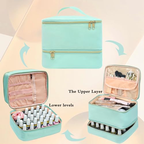 Nail Polish Organizer Bag, Double-Layer Nail Supplies Organizer Holds 30 Bottles & Nail Lamp, Professional Nail Kit Storage Make up Carrying Case (Green)
