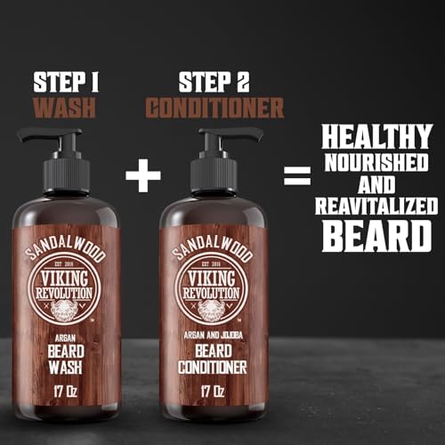 Viking Revolution Beard Conditioner w/Argan & Jojoba Oils - Softens & Strengthens - Sandalwood Scent - Beard Conditioner w/Beard Oil (17oz Conditioner) (Pack of 2)
